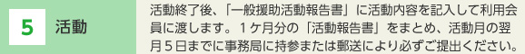 5 活動 活動終了後、「一般援助活動報告書」に活動内容を記入して利用会員に渡します。1ヶ月分の「活動報告書」をまとめ、活動月の翌月5日までに事務局に持参または郵送により必ずご提出ください