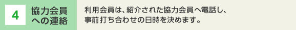 4 協力会員へ連絡 利用会員は、紹介された協力会員へ電話し、事前打ち合わせの日時を決め、事前に事務局へ利用連絡をします。保険適用の連絡のためにも必須です