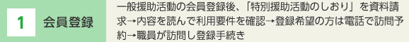 1 会員登録 一般援助活動の会員登録後、「特別援助活動のしおり」を資料請求→内容を読んで利用要件を確認→登録希望の方は電話で訪問予約→職員が訪問し登録手続き