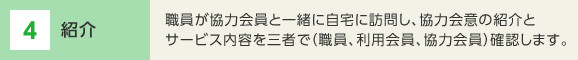 4 紹介　職員が協力会員と一緒に自宅に訪問し、協力会意の紹介とサービス内容を三者で（職員、利用会員、協力会員）確認します。