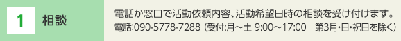1 相談　電話か窓口で活動依頼内容、活動希望日時の相談を受け付けます。電話：090-5778-7288（受付:月～土　9:00～17:00　第3月・日・祝日を除く）