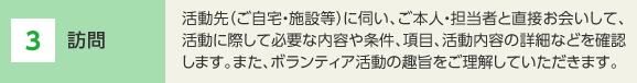 3 訪問 活動先（ご自宅・施設等）に伺い、ご本人・担当者と直接お会いして、活動に際して必要な内容や条件、項目、活動内容の詳細などを確認します。また、ボランティア活動の趣旨をご理解していただきます。