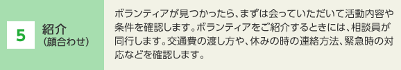 5 紹介（顔合わせ） ボランティアが見つかったら、まずは会っていただいて活動内容や条件を確認します。ボランティアをご紹介するときには、相談員が同行します。交通費の渡し方や、休みの時の連絡方法、緊急時の対応などを確認します。